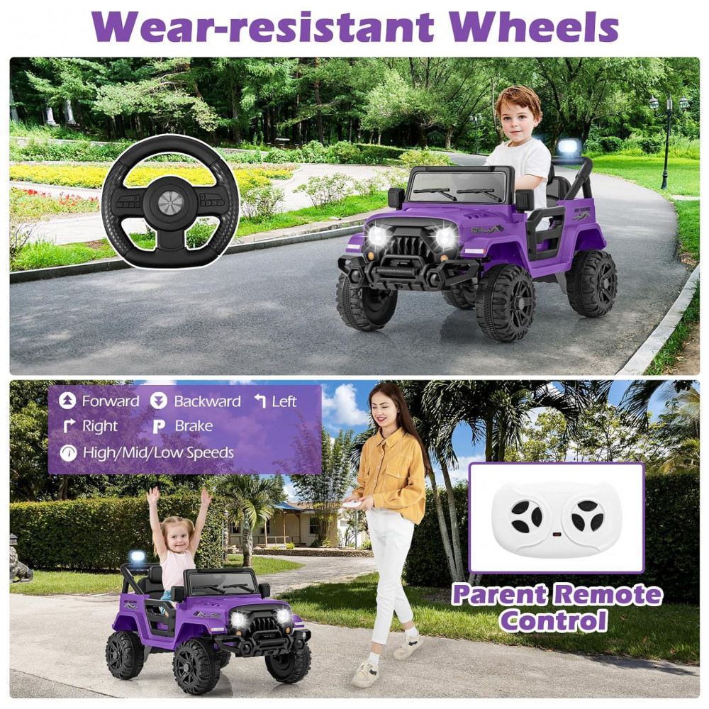 Carro Elétrico Infantil OLAKIDS Roxo 12V Controle Remoto Jeep LED Bluetooth 2 Velocidades Suspensão Música USB MP3 3-8 Anos - Imagem 4