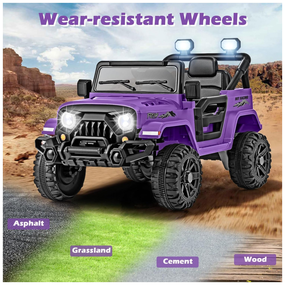 Carro Elétrico Infantil OLAKIDS Roxo 12V Controle Remoto Jeep LED Bluetooth 2 Velocidades Suspensão Música USB MP3 3-8 Anos - Imagem 5