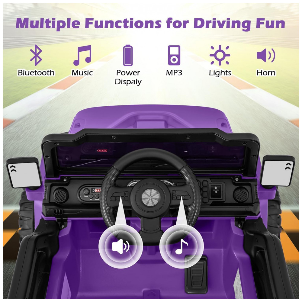 Carro Elétrico Infantil OLAKIDS Roxo 12V Controle Remoto Jeep LED Bluetooth 2 Velocidades Suspensão Música USB MP3 3-8 Anos - Imagem 6