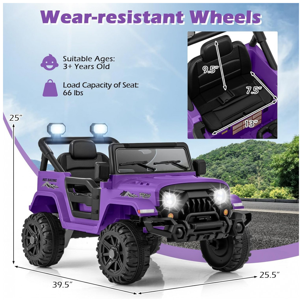 Carro Elétrico Infantil OLAKIDS Roxo 12V Controle Remoto Jeep LED Bluetooth 2 Velocidades Suspensão Música USB MP3 3-8 Anos - Imagem 7