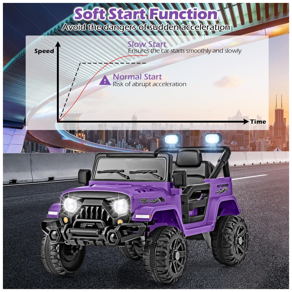 Carro Elétrico Infantil OLAKIDS Roxo 12V Controle Remoto Jeep LED Bluetooth 2 Velocidades Suspensão Música USB MP3 3-8 Anos - Imagem 8