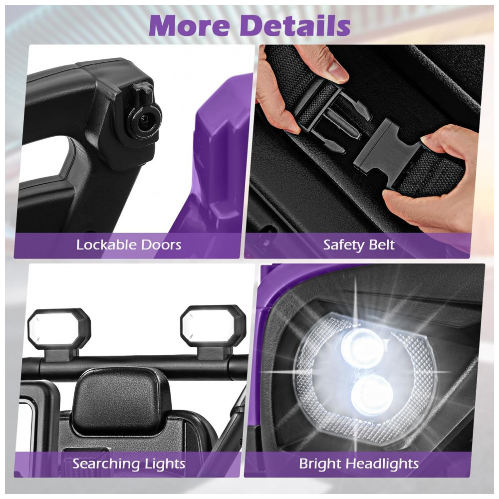 Carro Elétrico Infantil OLAKIDS Roxo 12V Controle Remoto Jeep LED Bluetooth 2 Velocidades Suspensão Música USB MP3 3-8 Anos - Imagem 9