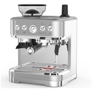 Máquina de Café Expresso 15 Bar com Vaporizador de Leite Moedor Embutido Desligamento Automático e Tanque de Água Removível de 25L 110V Takywep Prata