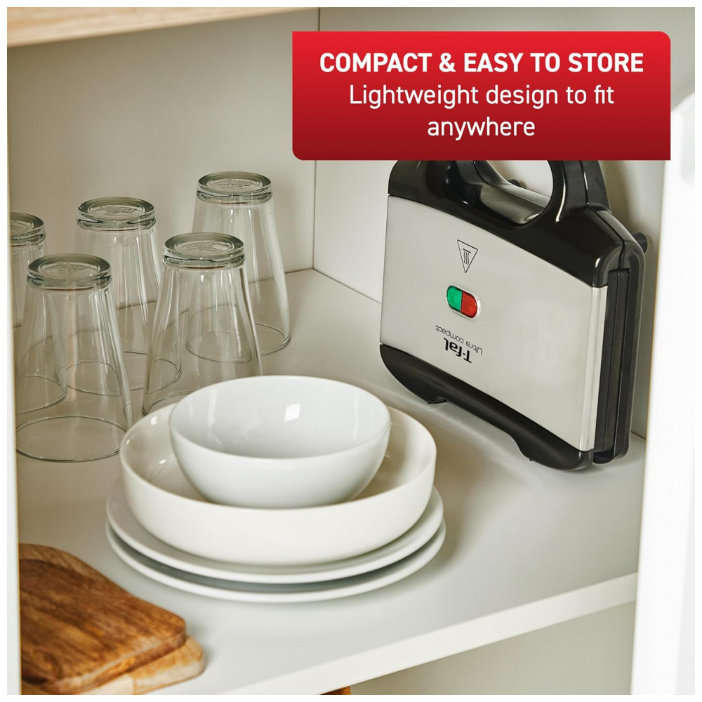 T-Fal Compact Sandwich Maker em Aço Inoxidável, Fácil de Limpar, Luzes Indicadoras, Alça de Toque Frio, Grelhados de Queijo, Panini, 625 Watts, Grill - Imagem 3