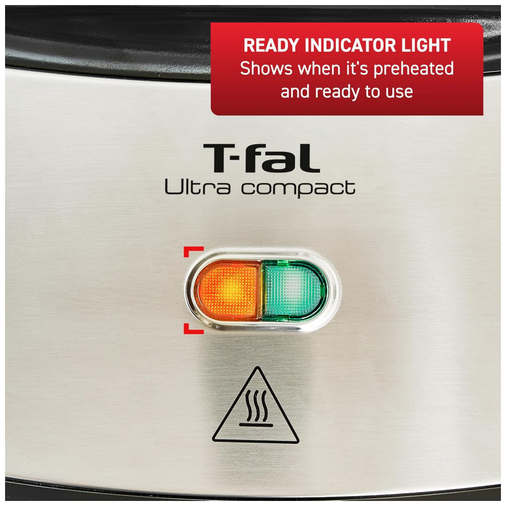 T-Fal Compact Sandwich Maker em Aço Inoxidável, Fácil de Limpar, Luzes Indicadoras, Alça de Toque Frio, Grelhados de Queijo, Panini, 625 Watts, Grill - Imagem 5