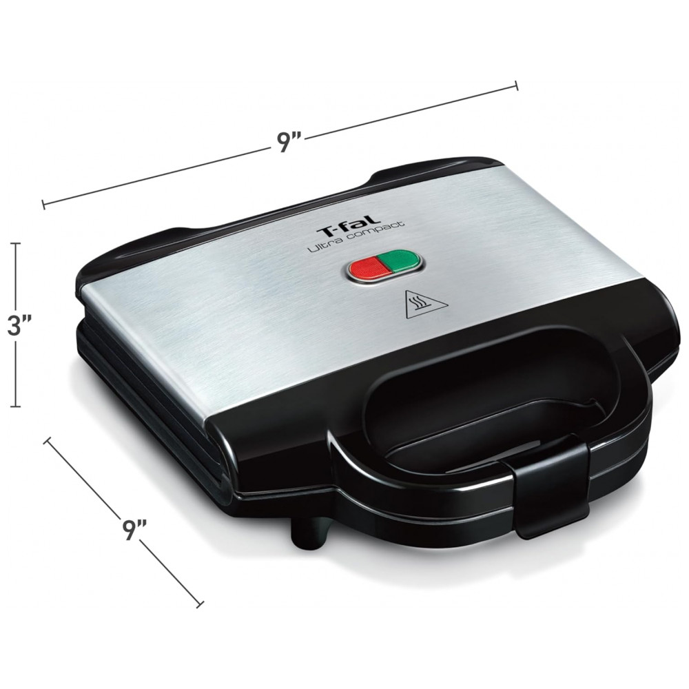 T-Fal Compact Sandwich Maker em Aço Inoxidável, Fácil de Limpar, Luzes Indicadoras, Alça de Toque Frio, Grelhados de Queijo, Panini, 625 Watts, Grill - Imagem 6