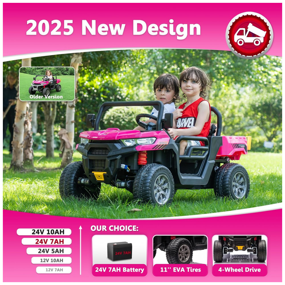 Caminhão Basculante Infantil Elétrico Sopbost Rosa 24V 2 Lugares 4 Motores 75W Caçamba Automática 4WD Pneus EVA Controle Bluetooth - Imagem 3