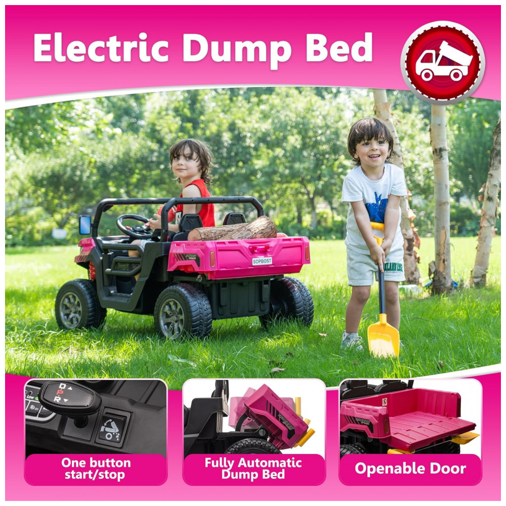 Caminhão Basculante Infantil Elétrico Sopbost Rosa 24V 2 Lugares 4 Motores 75W Caçamba Automática 4WD Pneus EVA Controle Bluetooth - Imagem 4