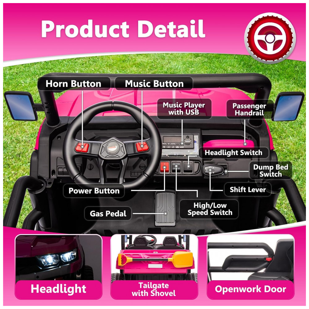 Caminhão Basculante Infantil Elétrico Sopbost Rosa 24V 2 Lugares 4 Motores 75W Caçamba Automática 4WD Pneus EVA Controle Bluetooth - Imagem 6