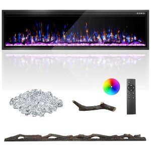 Lareira Elétrica de 183 cm Ultrafina Embutida ou de Parede Troncos Madeira Flutuante ou Cristais Controle Remoto Termostato Kucreiheat