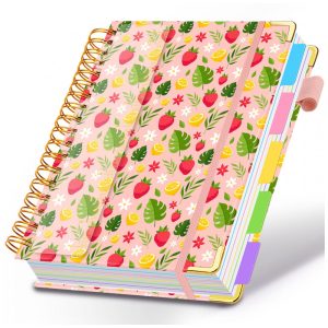 Caderno universitário espiral HDhuiun 8x10 5 matérias 300 páginas pautadas divisórias com bolsos e abas capa floral rosa