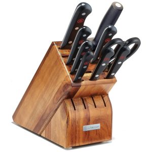 Conjunto de Facas WSTHOF em Aço Inoxidável com Afiador Embutido e Bloco de Bancada 10 Peças Preto