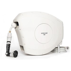 Mangueira de Jadim 25M com Enrolador Retrátil Bico Pulverizador de 8 Padrões Estabilizada por UV sem Dobras HOSELINK Bege