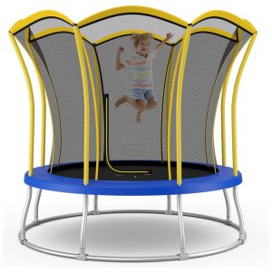 Trampolim ao ar livre Goplus 8FT 10FT trampolim aprovado pela ASTM com formato de flor exclusivo rede de gabinete almofada de segurança estrutura de aço galvanizado trampolim recreativo para crianças e adultos amarelo 8 pés