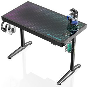 Mesa Gamer Ergonômica 43" 109 cm com Ganchos para Fones de Ouvido 4 Portas USB Luz LED com Sincronização Musical e Suporte para Monitor 110V EUREKA ERGONOMIC GD0064 -BK Preto