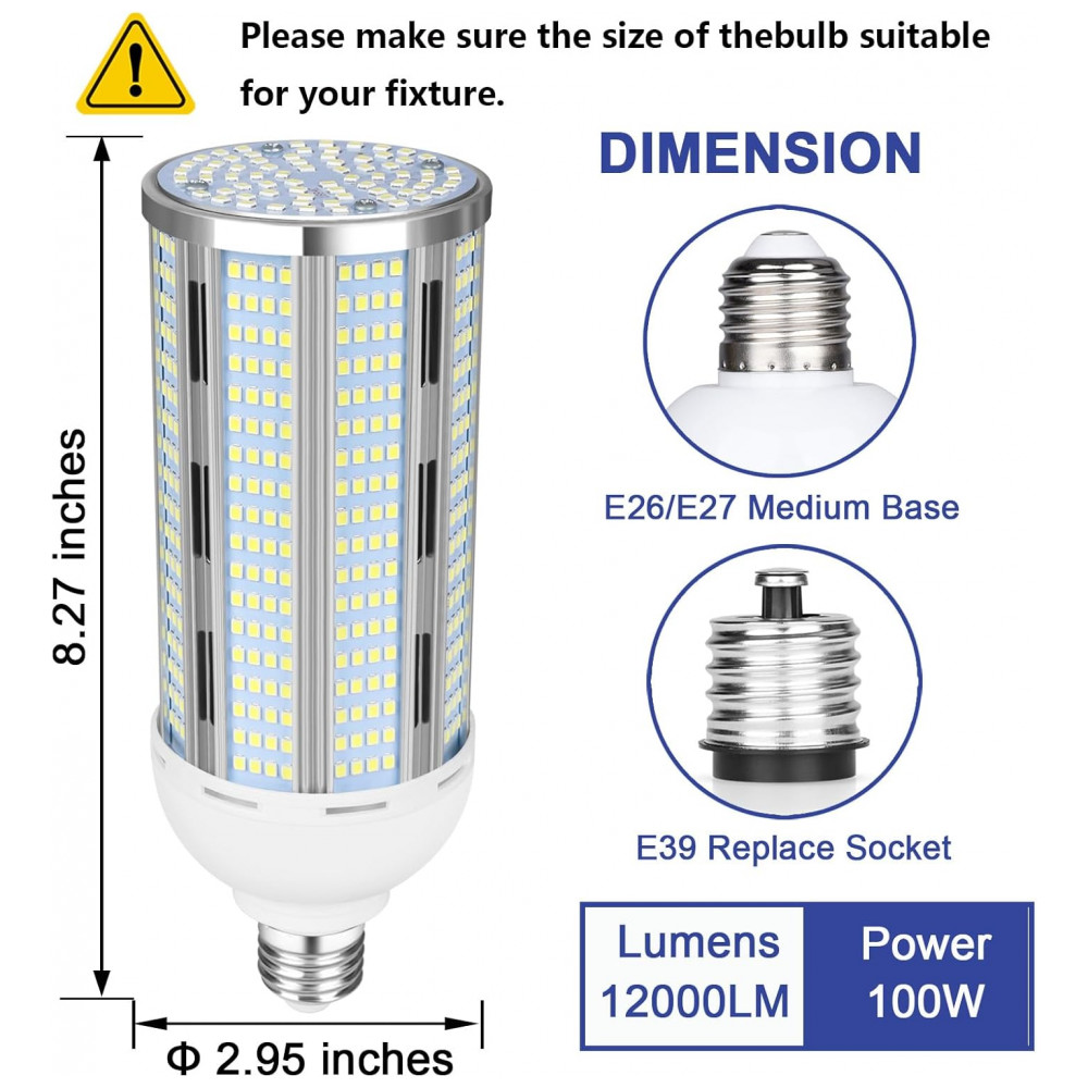 Lâmpada LED Corn 100W Elivern (2 un), 12000 lúmens, 5000K daylight, base E26/E39, super brilhante, ideal para garagem, fábrica, galpão e área externa. - Imagem 3