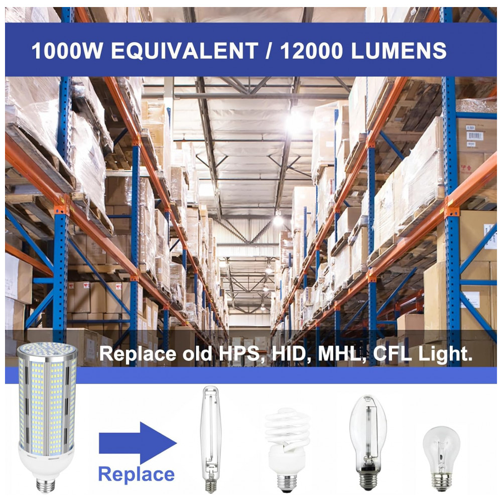 Lâmpada LED Corn 100W Elivern (2 un), 12000 lúmens, 5000K daylight, base E26/E39, super brilhante, ideal para garagem, fábrica, galpão e área externa. - Imagem 7