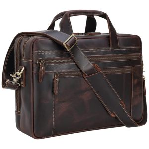 Bolsa Carteiro Masculina de Couro Bovino para Laptop com 17 Polegadas TIDING Marrom