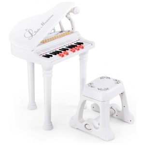 Piano Teclado Infantil com 31 Teclas Banco Microfone e Modo Ensino LED Costzon Branco