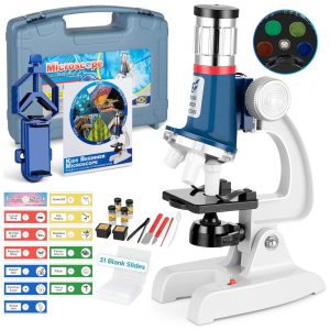 Kit de Microscópio para Crianças 58 Peças 100X 1200X com corpo de Metal Caixa de Transporte e Luz LED Uarzt Branco e Azul