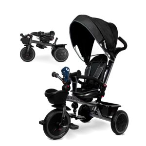 Triciclo 7 em 1 com Alça Ajustável Assento Giratório Porta-Copos Capota Retrátil Guarda-Corpo Removível e Apoio para os Pés KRIDDO Cinza e Preto
