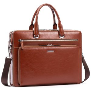 Bolsa Carteiro Masculina Couro de Cera de Óleo para Laptop com 156 Polegadas BOSTANTEN Marrom