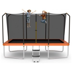 Trampolim retangular Goplus 8FT x 14FT trampolins recreativos com rolamento de 440LBS com escada antiderrapante de rede de gabinete almofada à prova dágua trampolim externo de salto aprovado pela ASTM para crianças e adultos laranja