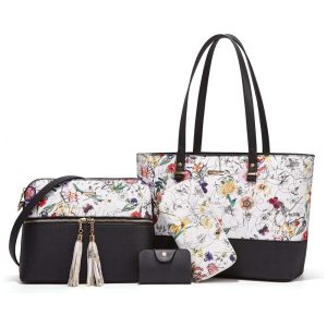 Conjunto de Bolsas Femininas em Couro Sintético 4 Peças com Carteira Lovematch Preto e Branco Florido