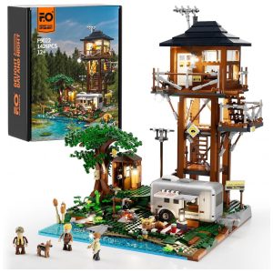 Funwhole Lookout Campground com torre de vigia e motorhome retro 1426 peças com iluminação LED