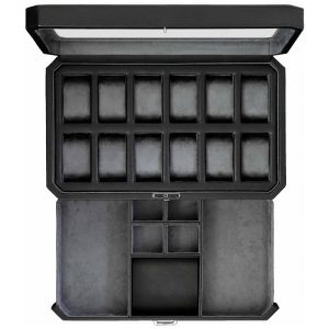 Caixa Estojo de Couro com Gaveta de Manobrista para Relógios com 12 Compartimentos ROTHWELL Preto e Cinza