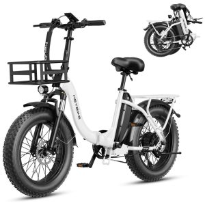 Bicicleta Elétrica Dobrável para Adultos 7 Velocidades até 77km com Amortecedor Duplo e Cesto 48V 500W Heybike Branca