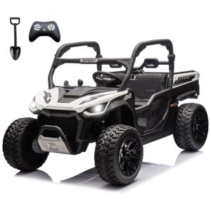 UTV Infantil Elétrico Sopbost Branco e Preto 24V 2 Lugares 4 Motores 75W Caçamba Grande Automática 4WD Pneus EVA Controle Bluetooth 10Ah