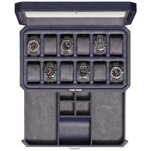 Caixa Estojo de Couro para Relógios com 12 Compartimentos ROTHWELL Azul