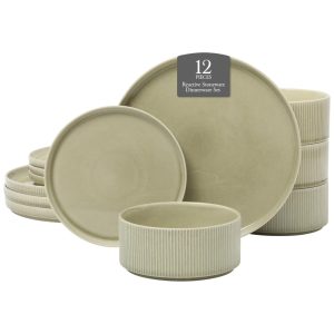 Aparelho de Jantar Gibson Elite Solana Coast - 12 Peças em Cerâmica de Pedra-Reativa para 4 Pessoas - Design Moderno e Requintado - Verde Solana