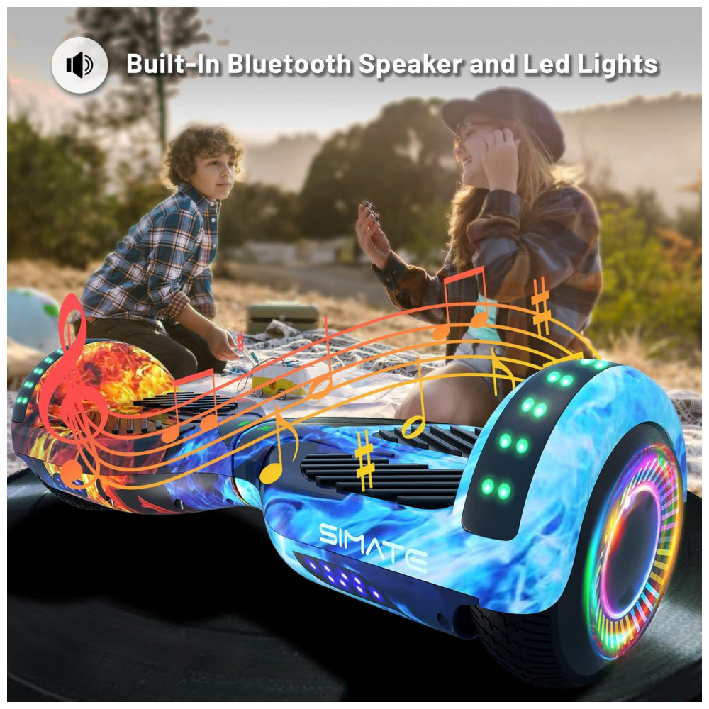 Hoverboard SIMATE Dual Flame 6,5" com Bluetooth, Luzes LED e Certificação UL2272 – Até 13,7 km/h, Autonomia de 12,8 km - Imagem 2