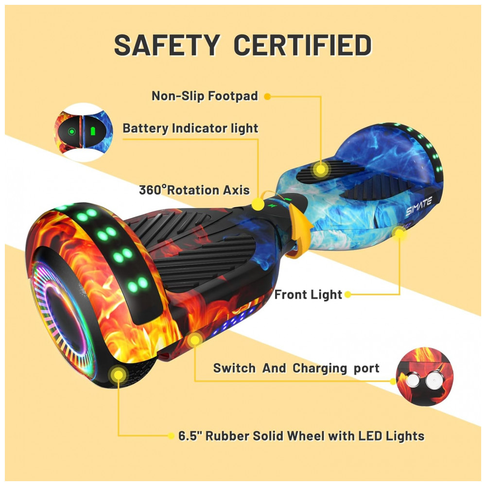 Hoverboard SIMATE Dual Flame 6,5" com Bluetooth, Luzes LED e Certificação UL2272 – Até 13,7 km/h, Autonomia de 12,8 km - Imagem 3