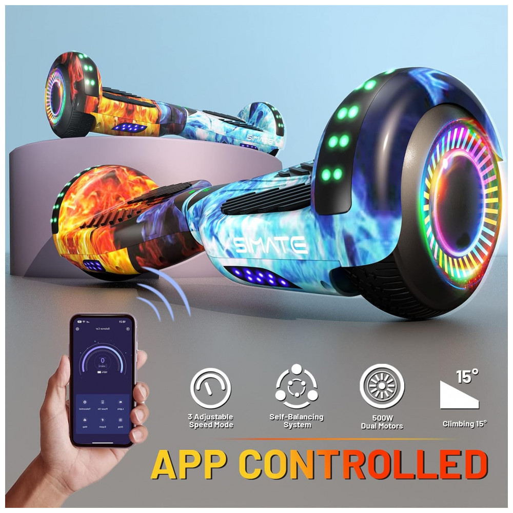 Hoverboard SIMATE Dual Flame 6,5" com Bluetooth, Luzes LED e Certificação UL2272 – Até 13,7 km/h, Autonomia de 12,8 km - Imagem 4