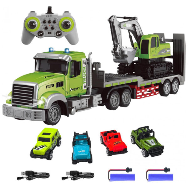 Conjunto de Brinquedos Caminhão Reboque e Escavadeira RC da Fistone, Escala 1:12 com Som e Luzes, Controle Remoto 2.4Ghz,Fistone
