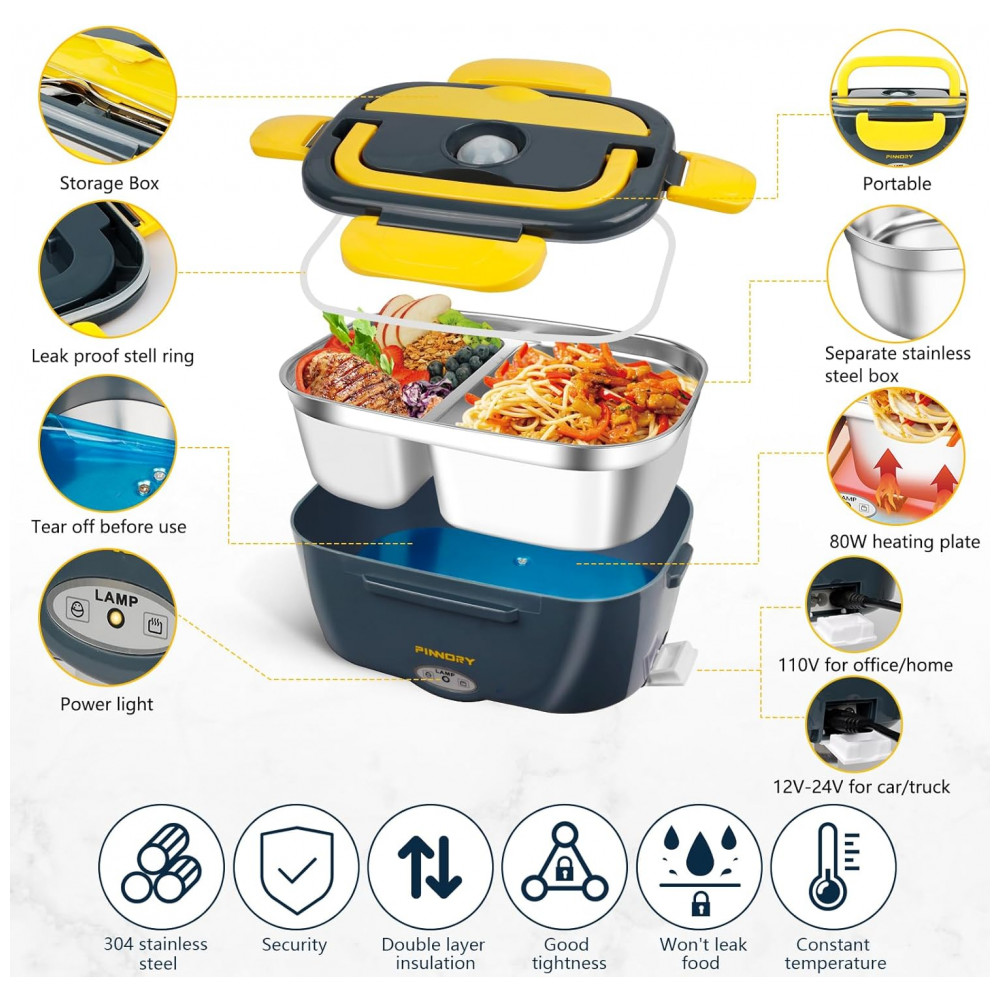 Marmita Elétrica Portátil 15L em Recipiente Aço Inoxidável com Garfo Colher e Bolsa para Transporte 12V 110V 60W LETAAKA Azul e Amarelo - Imagem 3