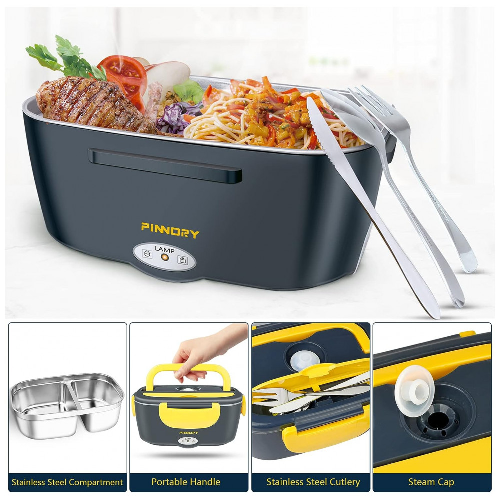 Marmita Elétrica Portátil 15L em Recipiente Aço Inoxidável com Garfo Colher e Bolsa para Transporte 12V 110V 60W LETAAKA Azul e Amarelo - Imagem 5