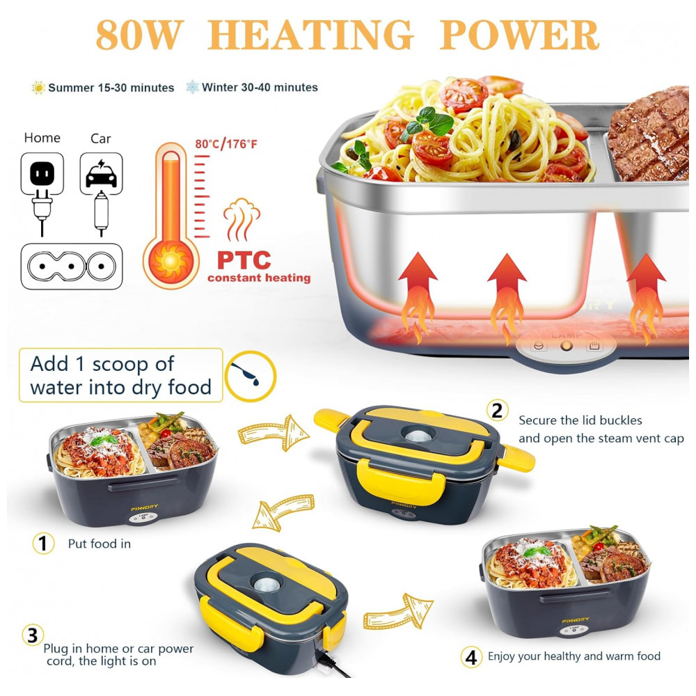 Marmita Elétrica Portátil 15L em Recipiente Aço Inoxidável com Garfo Colher e Bolsa para Transporte 12V 110V 60W LETAAKA Azul e Amarelo - Imagem 6