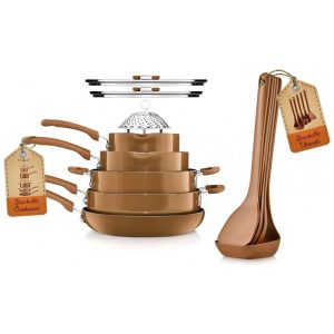 Jogo de Panelas Antiaderentes com Botão Dobrável e Economia de Espaço 17 Peças NutriChef Marrom