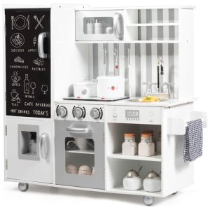 Cozinha Infantil em Madeira com Som Realista Quadro Negro Dispensador de Água Forno e Pia para Crianças Acima de 3 Anos Costzon Branco