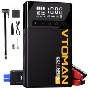 Compressor de Ar Portátil 160 PSI Recarregável com Display Inteligente e Acionador de Partida 12V VTOMAN X7 Preto