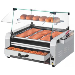 Máquina de Cachorro-Quente VEVOR 30 Salsichas em 11 Rolos Grill de Aço Inoxidável 1950W com Aquecedor de Pães Tampa 3 Controles de Temperatura