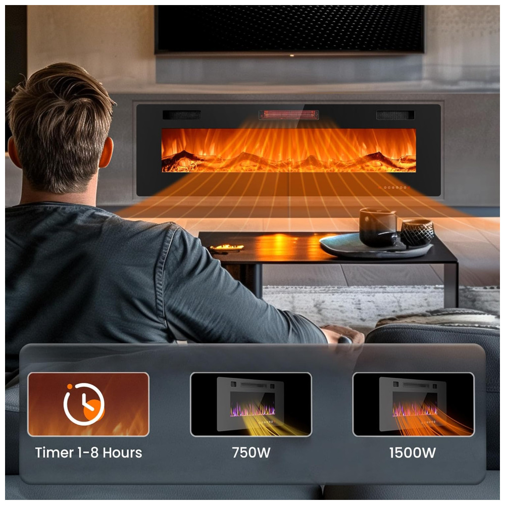 Lareira Elétrica Joy Pebble de 152 cm Embutida ou de Parede com Aquecedor 750/1500W LED Touch Controle Remoto Timer Chamas Ajustáveis em Cor - Imagem 2