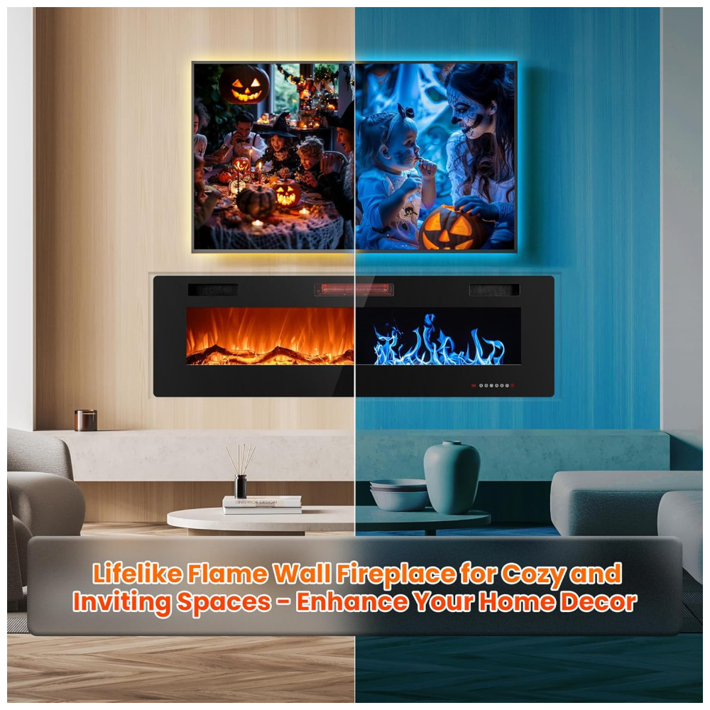 Lareira Elétrica Joy Pebble de 152 cm Embutida ou de Parede com Aquecedor 750/1500W LED Touch Controle Remoto Timer Chamas Ajustáveis em Cor - Imagem 3