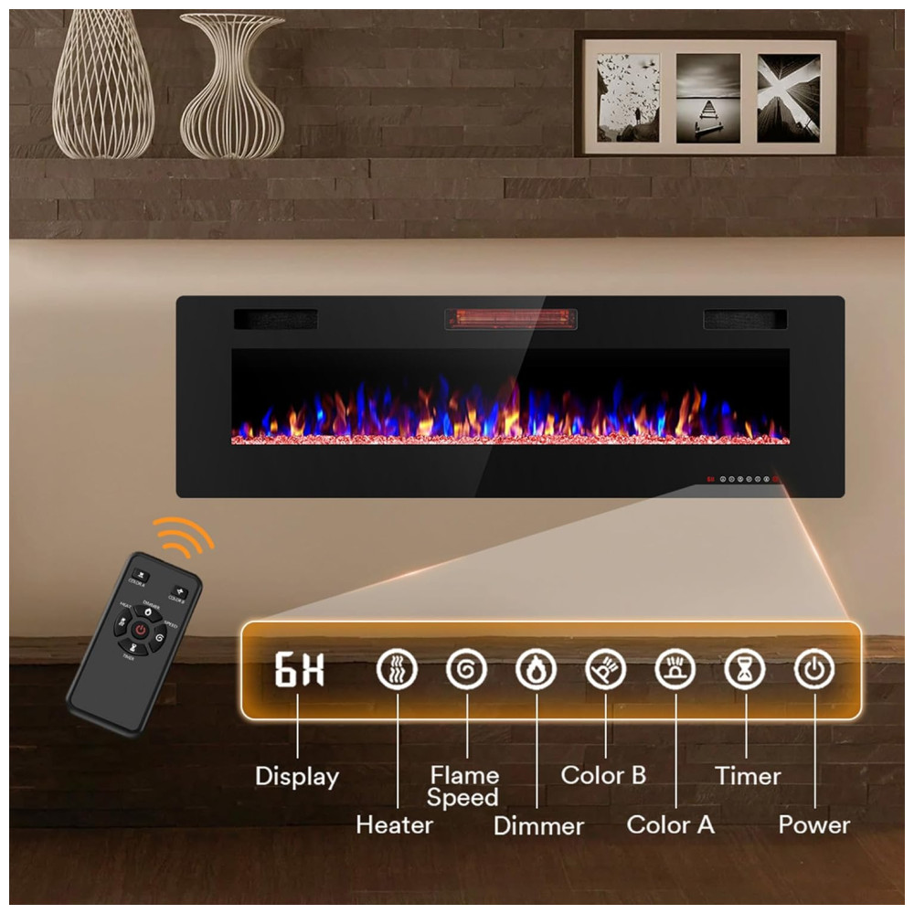 Lareira Elétrica Joy Pebble de 152 cm Embutida ou de Parede com Aquecedor 750/1500W LED Touch Controle Remoto Timer Chamas Ajustáveis em Cor - Imagem 4