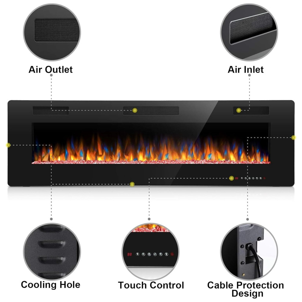 Lareira Elétrica Joy Pebble de 152 cm Embutida ou de Parede com Aquecedor 750/1500W LED Touch Controle Remoto Timer Chamas Ajustáveis em Cor - Imagem 5