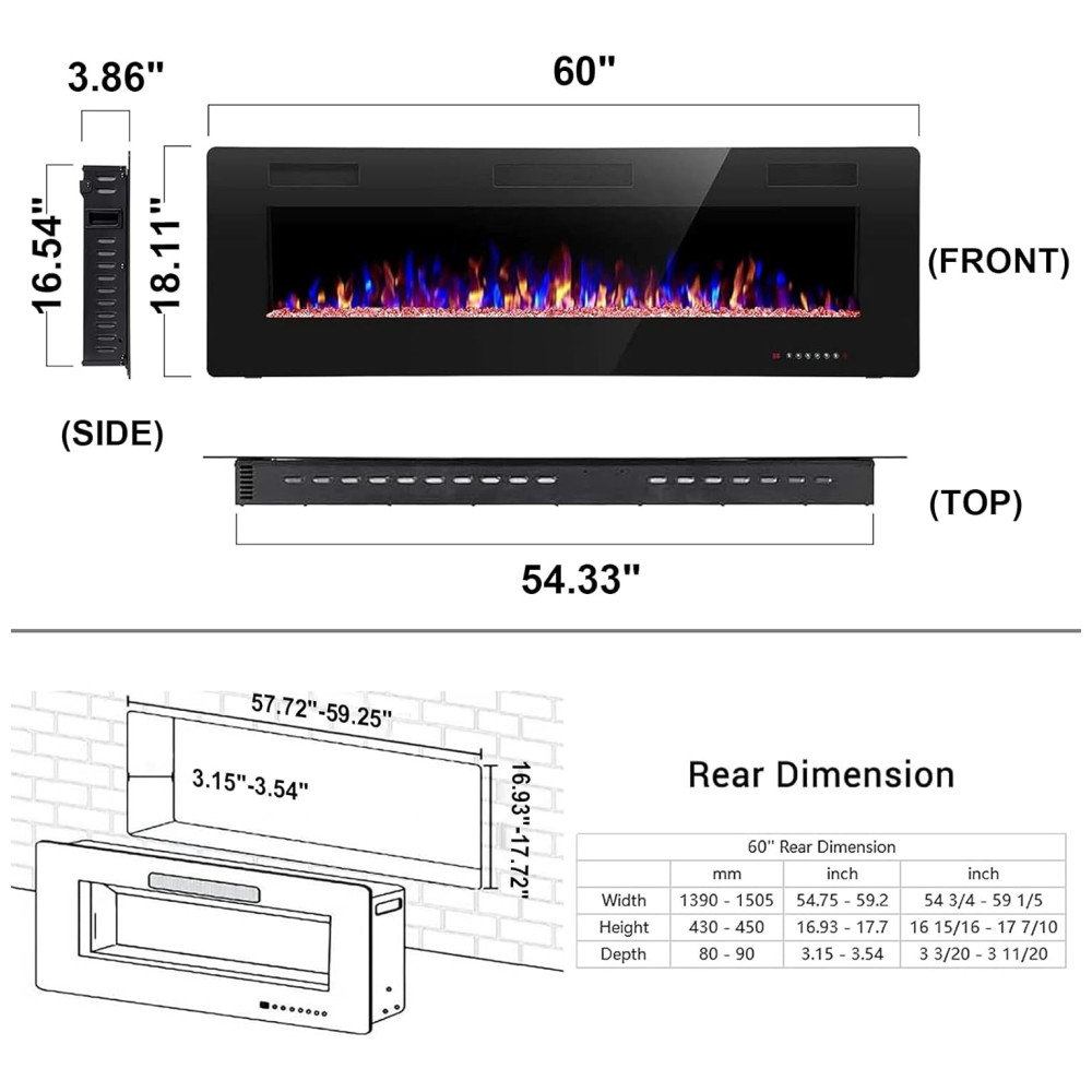 Lareira Elétrica Joy Pebble de 152 cm Embutida ou de Parede com Aquecedor 750/1500W LED Touch Controle Remoto Timer Chamas Ajustáveis em Cor - Imagem 6